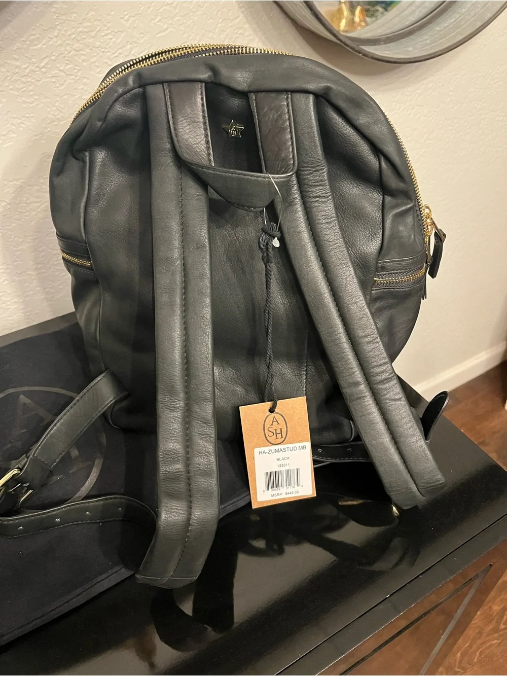 Ash Black Studded Mini Backpack with Gold Hardware